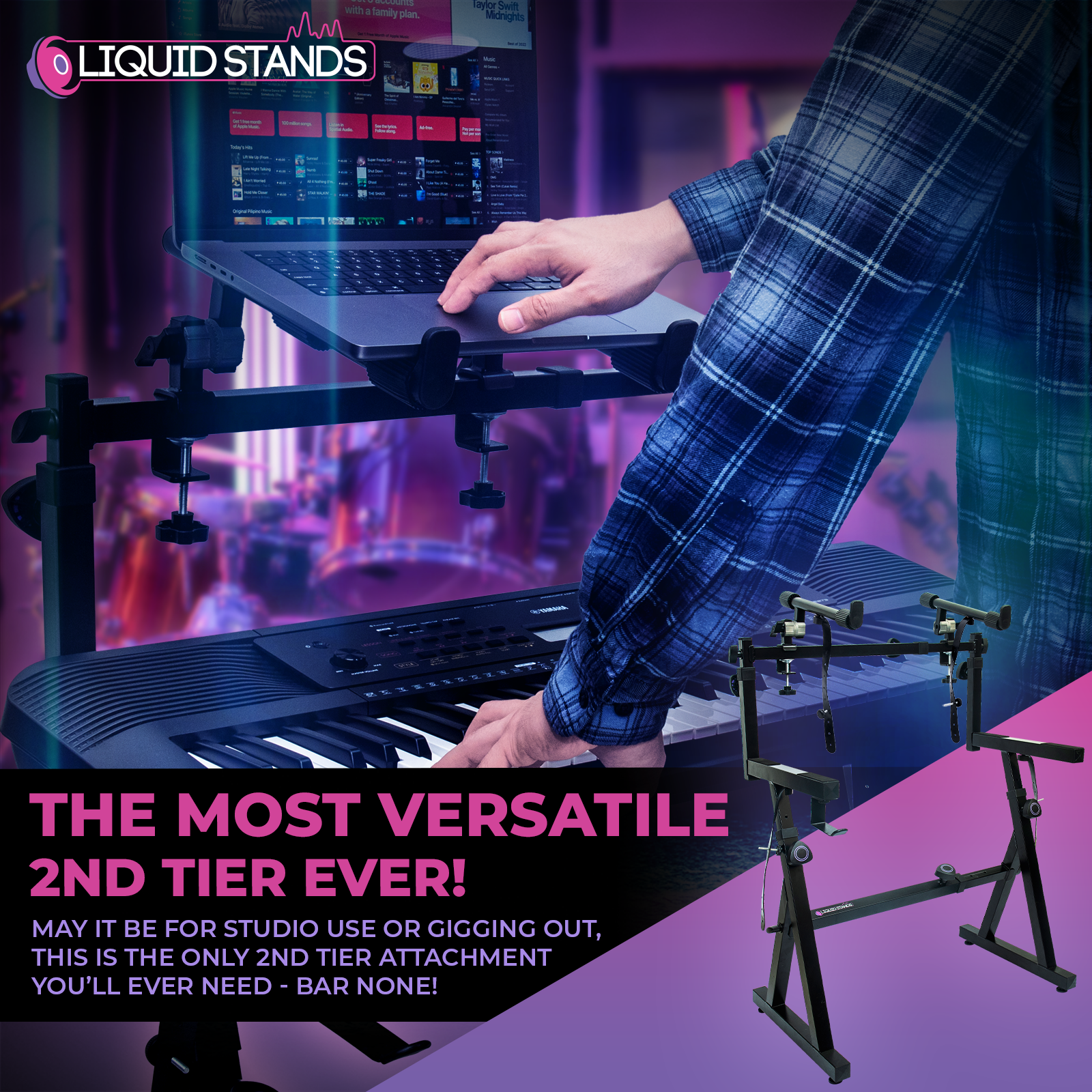 Adjustable Z Shape Black Keyboard Stand w/ 2nd Tier