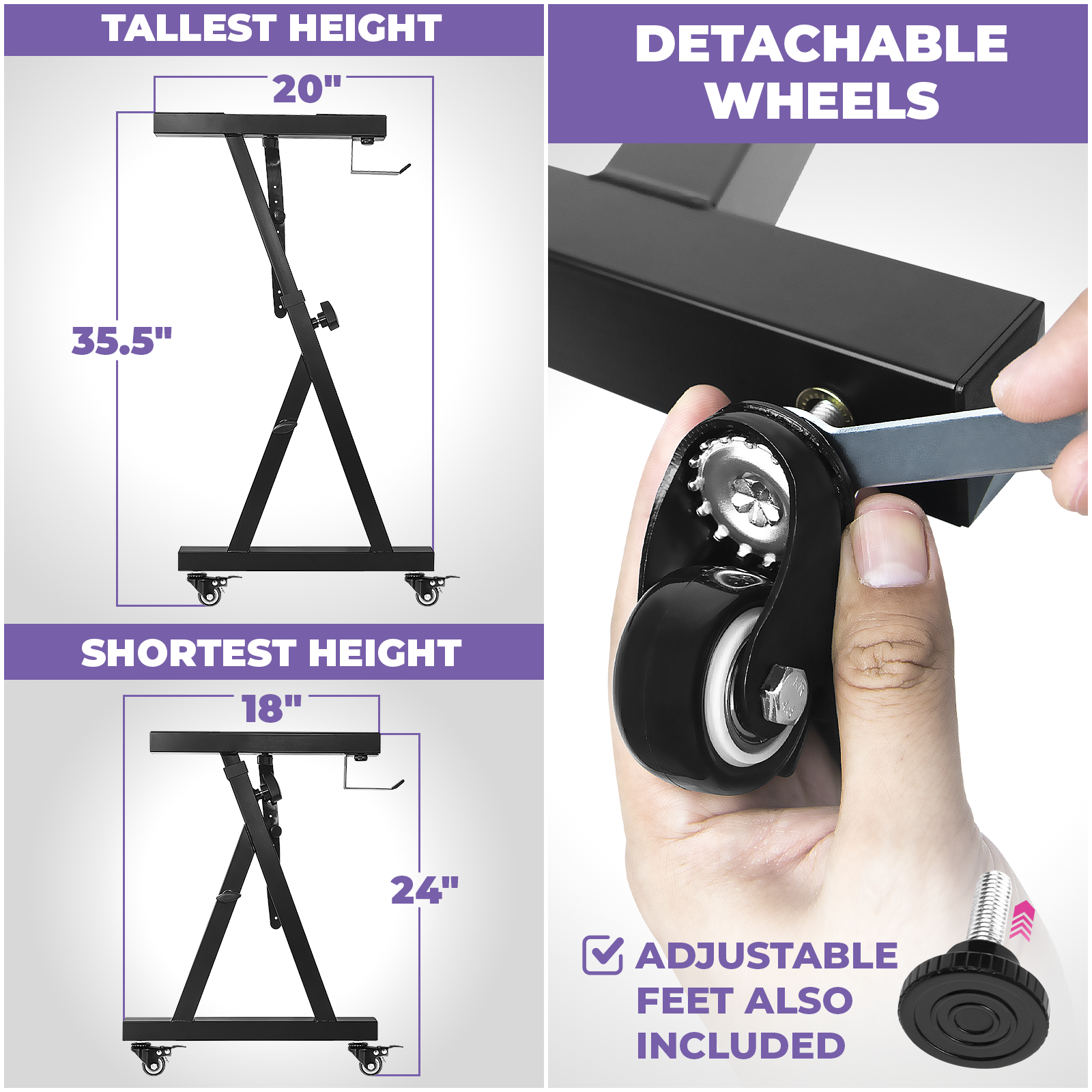 Adjustable Z Shape Black Keyboard Stand with Wheels