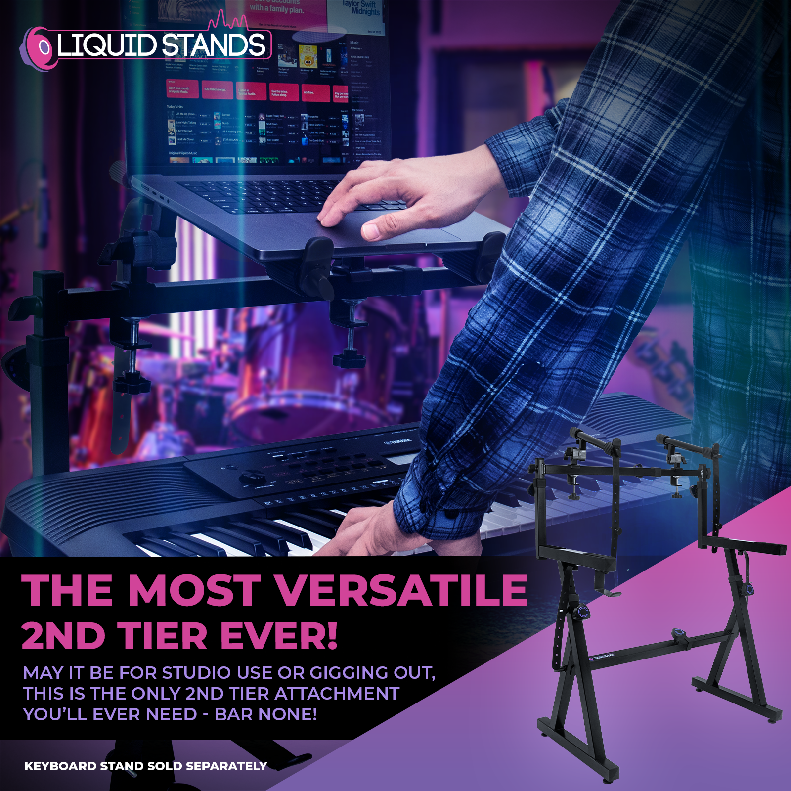 Adjustable 2nd Tier Keyboard Stand Attachment with Straps